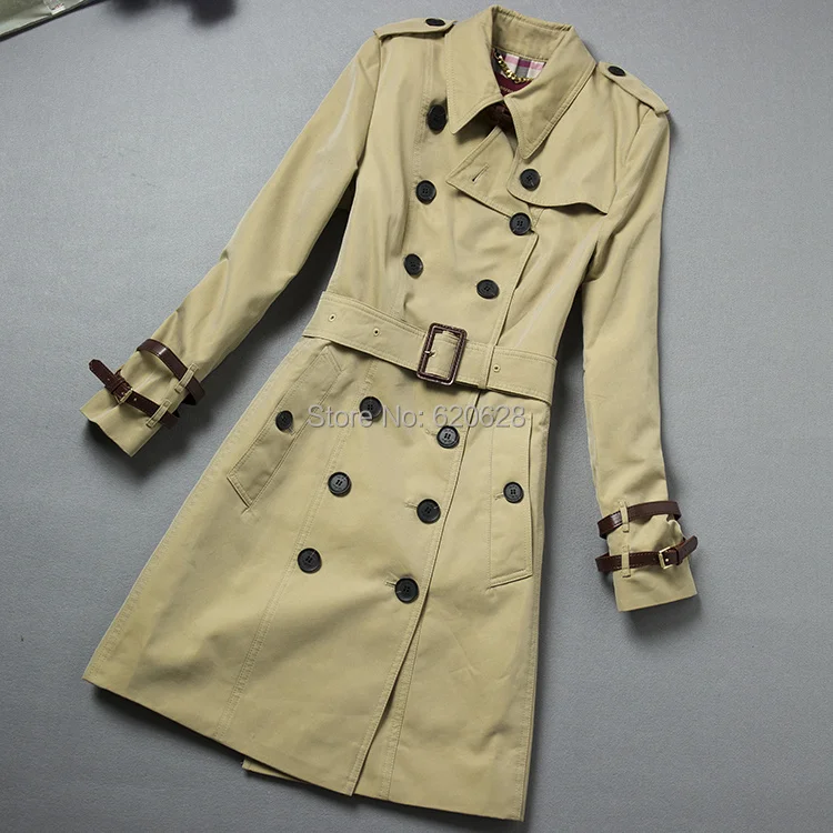New 2014 Women Fashion Double Breasted Leather Buckle Trench Coat/High Quality Designer Elegant Khaki Black F320B016 | Женская одежда