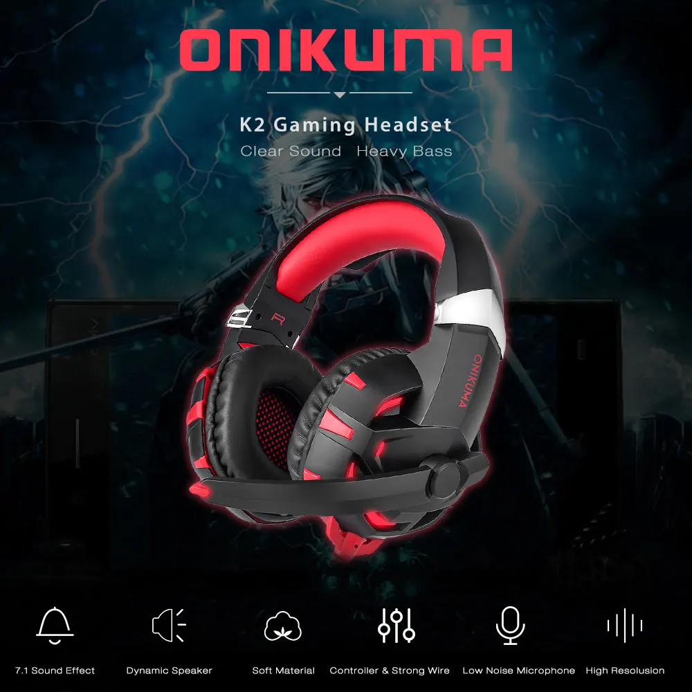 ONIKUMA K2 стерео игровая гарнитура светодиодный свет 7 1 звук через наушники вкладыши