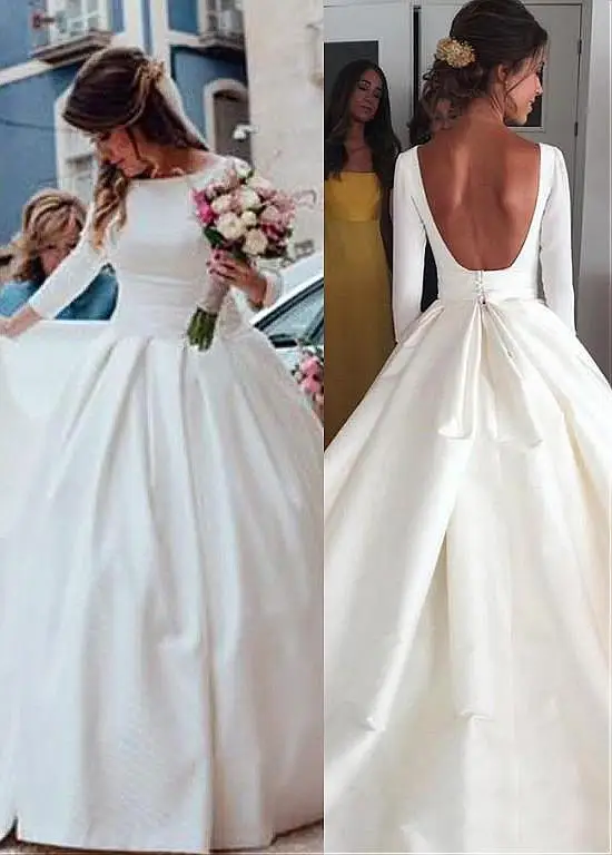 

Backless Vestido De Noiva Muslim Wedding Dresses Ball Gown 3/4 Sleeves Satin Bow Boho Dubai Arabic Wedding Gown Bridal