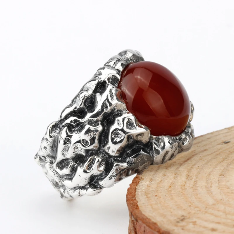 Adjustable Mens Ring 925 Sterling Silver Punk Big Carved Red Agate Stone Engraved Unique Party Jewelry | Украшения и аксессуары