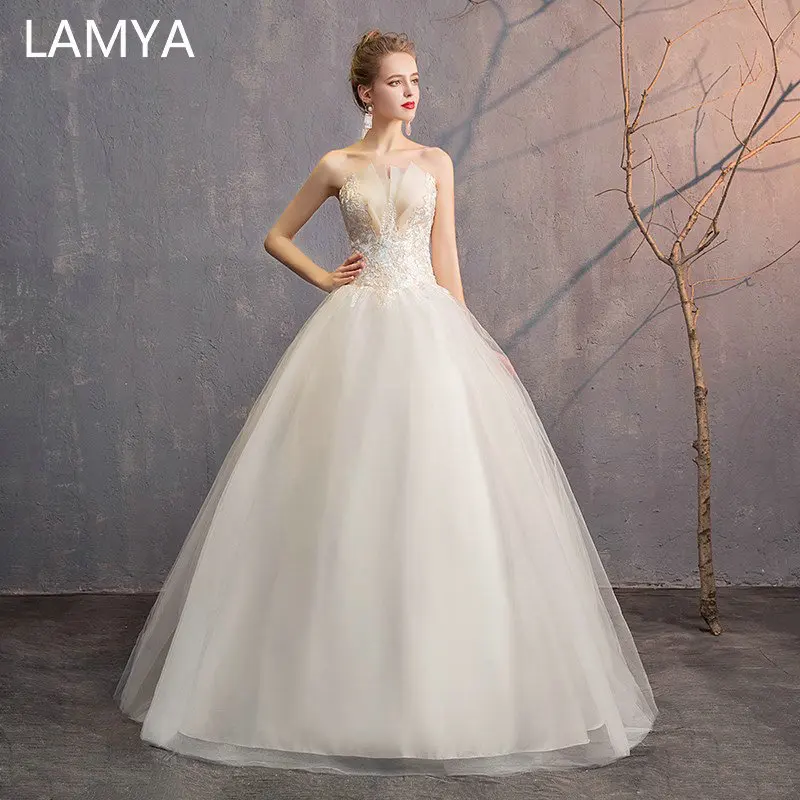 

LAMYA размера плюс свадебные платья без бретелек с кружевной аппликацией Robe de Mariee индивидуальная вышивка свадебное платье