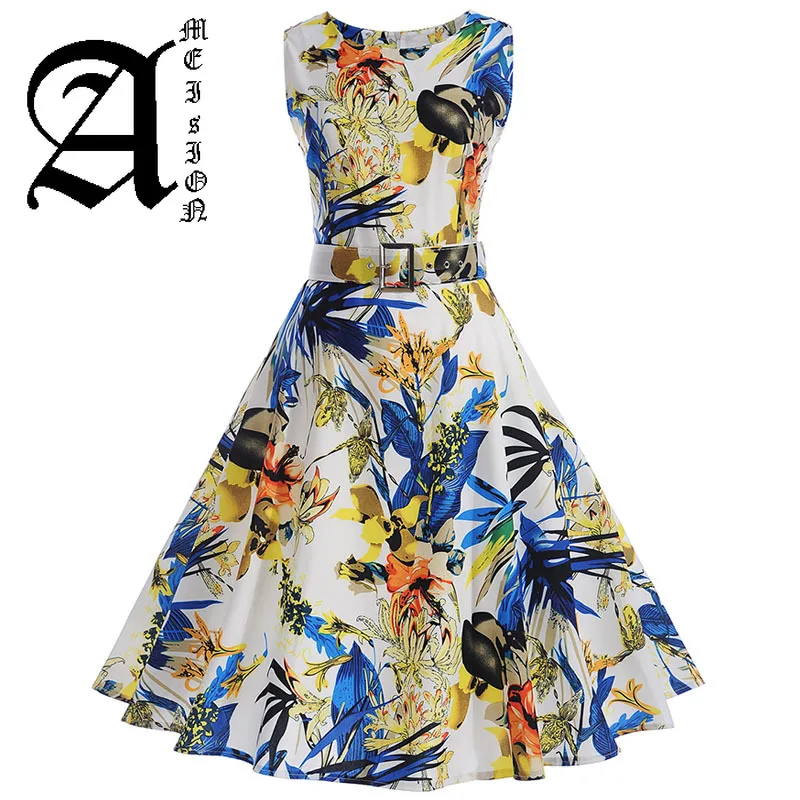 Vestidos винтажное платье летние цветочные принты без рукавов вечерние платья 50s 60s