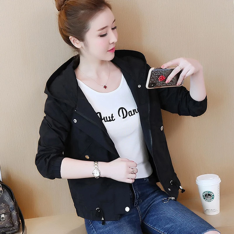 2020 Spring Autumn Women's Windbreaker Jacket Long-sleeved Loose Casual Hooded Plus Cotton Short Coat Outerwear Size W92 | Женская