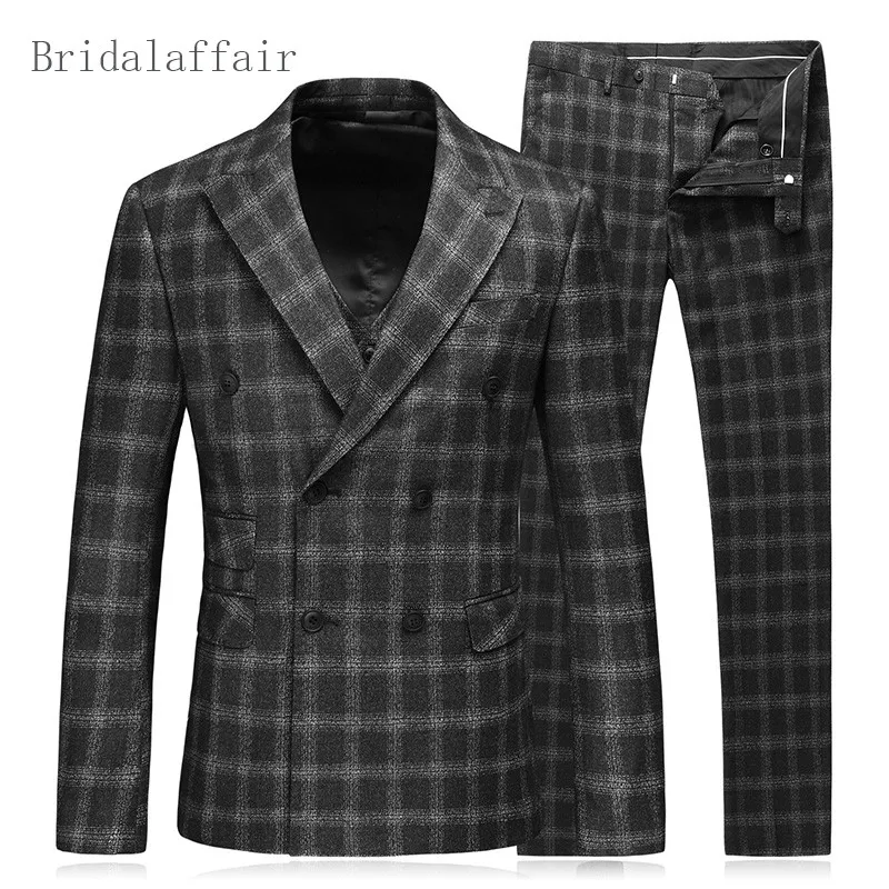 Мужской костюм двубортный шерстяной мужской s Костюм 2018 Slim Fit клетчатый блейзер