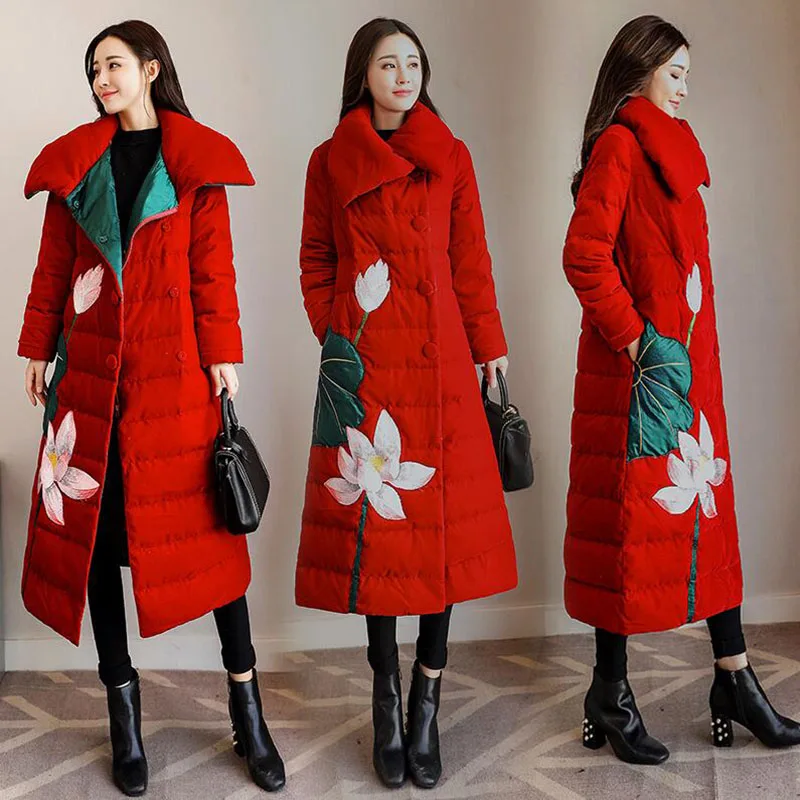 Winter Women Down Jacket Chinese Style Vintage Embroidery Warm Long Coat Parkas Thicken Slim Female Snow Outerwear