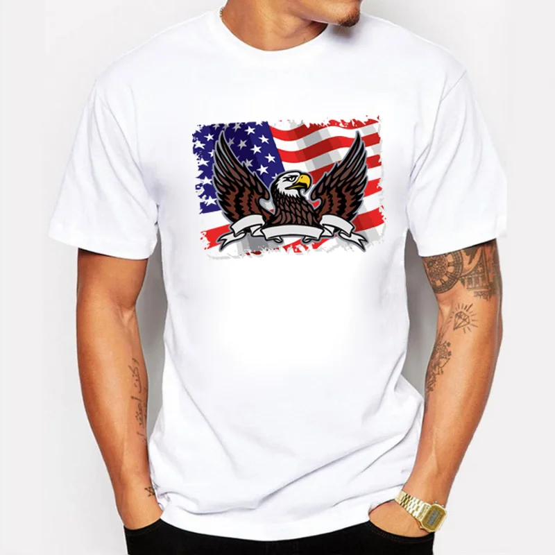 

BLWHSA Men T-shirts USA Flag Eagle Design Round Neck Cotton Short Sleeve Fitness Hip Hop Tshirt Camiseta