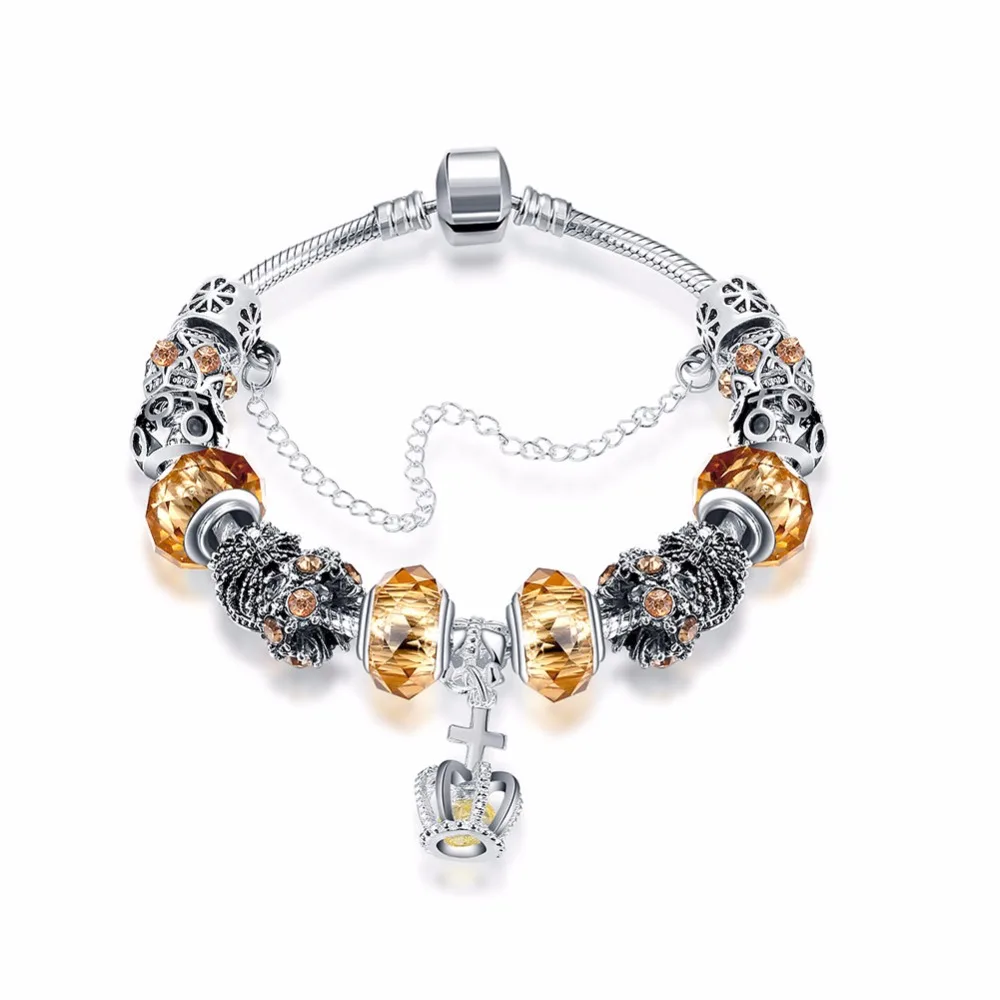 Seanuo 7 Color European Style Queen Crown &amp Cross Silver Charm Bracelet For Women Fashion DIY Murano Beads CZ Crystal Bracelets |