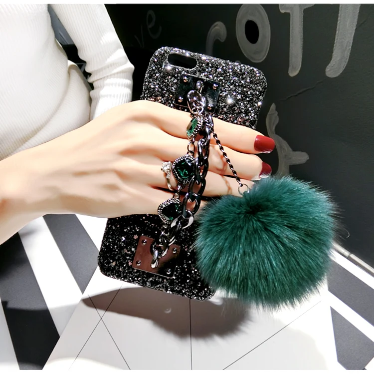 for Iphone X 8 7 6S Plus Galaxy S8 S9 Note Lady Bling Glitter Retro Hand Strap Metal Chain Fur Hard Case Cover Protector |