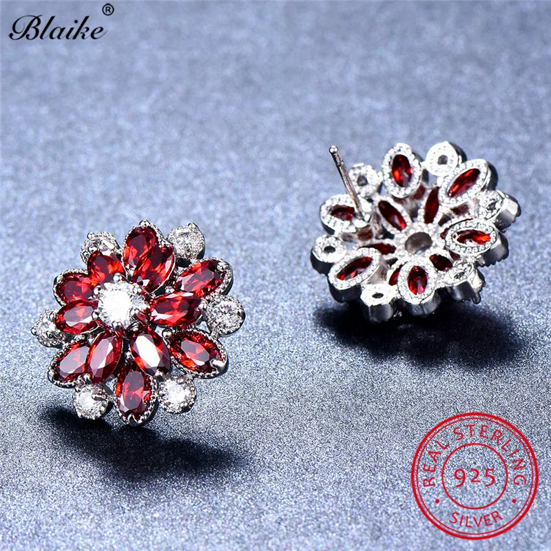 Blaike, настоящее 925 пробы, серебряные, красные серьги-гвоздики для женщин, полный камень, AAA, циркон, снежинка, серьги, свадебные, хорошее ювелирное изделие