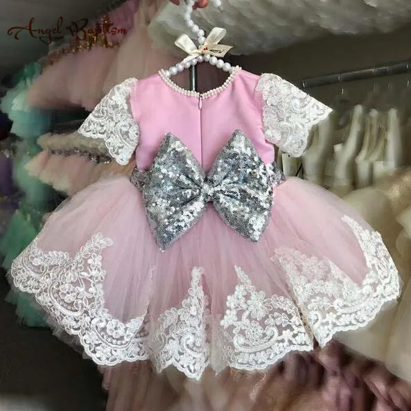 Gorgeous sparkly pink satin and silver sequins bow with lace short sleeves baby birthday party dresses kids flower girl dress | Детская
