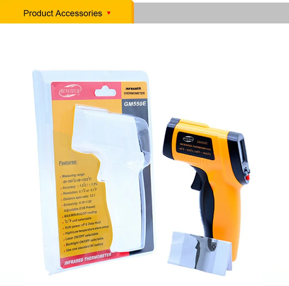 BENETECH GM550E цифровой Бесконтактный ИК инфракрасный термометр лазерный датчик температуры 50~ 550C Регулируемый 0,95 пирометр