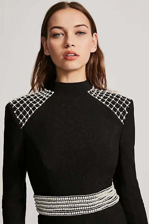 Бисер водолазка с длинными рукавами Черный спинки Коктейль бинты Summer2018 Vestidos