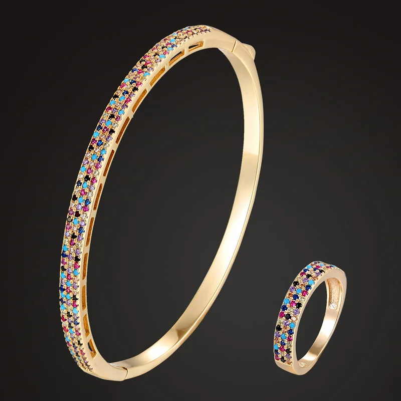 

Zlxgirl three line colorful cubic zircon bangle with ring wedding jewelry sets fashion copper women couple bangle bijoux