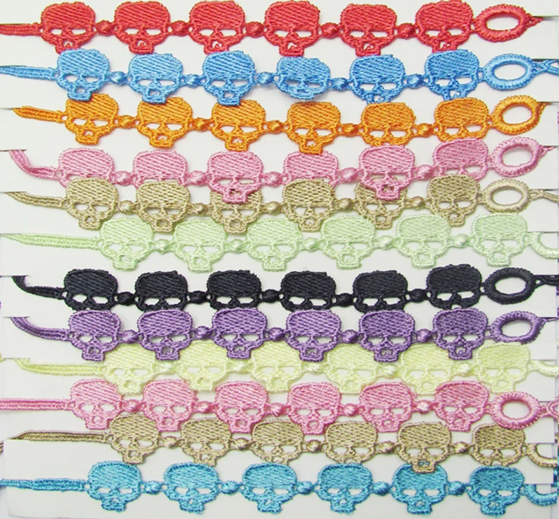 New 19styles!! promotion 24pcs/bag mix colors randomly Trendy polyester skull cross shape italy lace bracelet for women girls | Украшения и