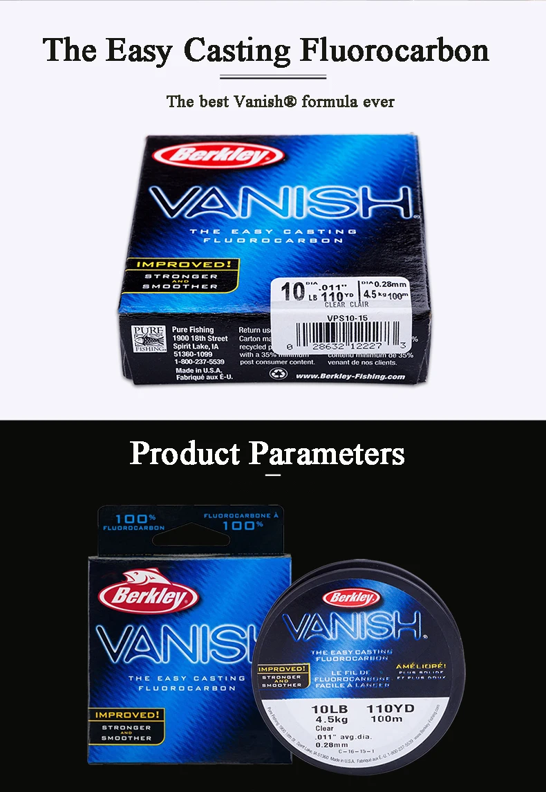 Berkley Vanish фторуглеродная леска 110yd100m прозрачный цвет 4-14LB бестеневая углеродная леска рыболовные снасти аксессуары