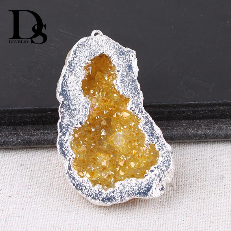 

Natural Agate Geode Slice Pendant Drusy Crystal Cluster Quartz Pendulum Electroplated Sliver edge Woman Jewelry Wedding Gifts