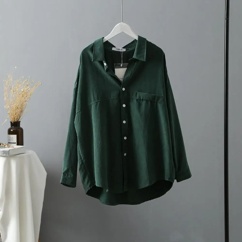 Dark Green Blouse Новое поступление, Женская однотонная белая блузка большого размера, рукав летучая мышь, карманы, длинная рубашка, отложной воротник, повседневный Топ T96605F - Цвет: Dark Green Blouse