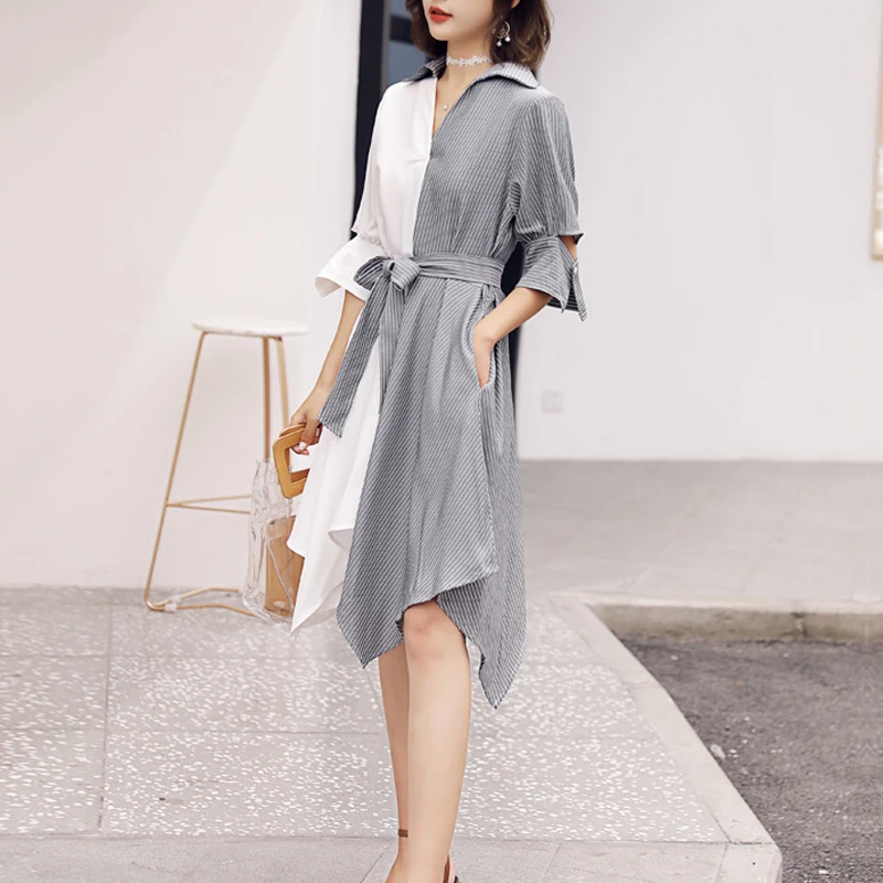 Платье рубашка PERHAPS U женское ассиметричное с рукавом 3/4 поясом и отложным
