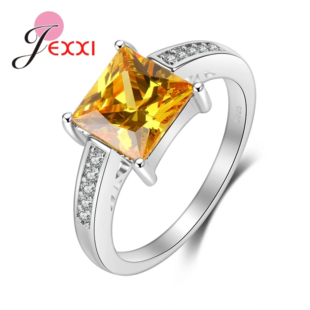 

Trendy Ring Lemon Yellow Square Shape Shiny Cubic Zircon Crystals Stylish 925 Sterling Silver Rings Jewelry Women Wedd