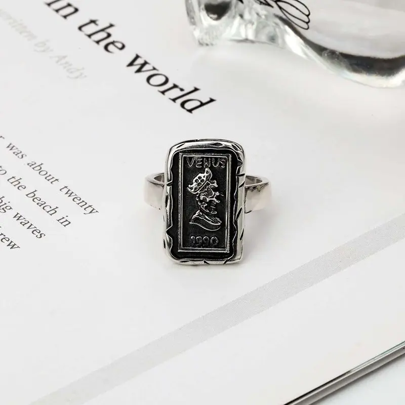 Silvology 925 Sterling Silver Square Figure Rings Vintage Do Old Coin Creative Venus Rings For Women Elegant Korea Jewelry