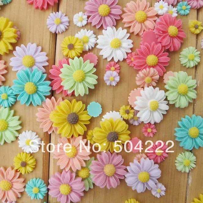 

250 Resin Daisy Cabochons mix sizes(10mm-22mm) Resin Flower Flat Backs,Sunflower Cabochons,Dahlia