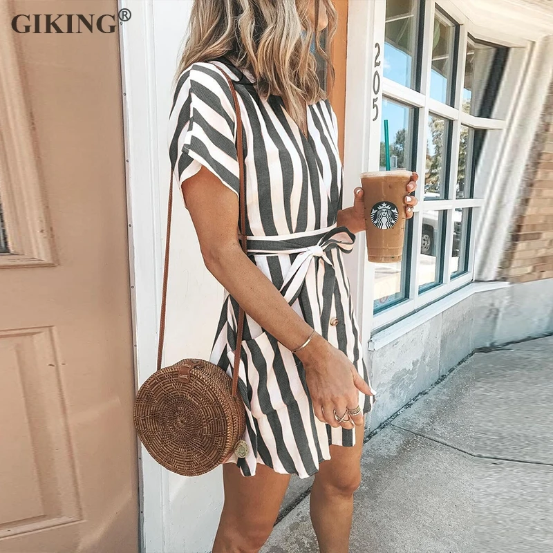 Женское мини платье в полоску GIKING Повседневное стиле бохо с v образным вырезом и