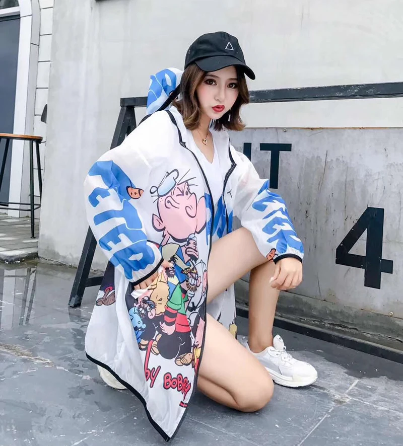 Лето мультфильм защита от солнца одежда для женщин High Street See Through Кардиган большие