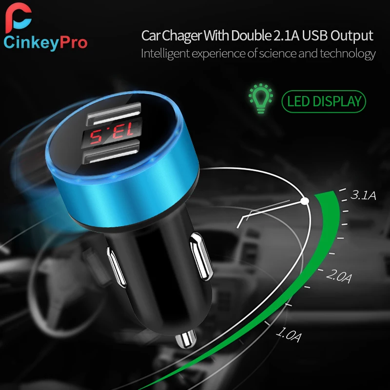 CinkeyPro автомобильное Зарядное устройство светодиодный Экран 2-Порты USB Зарядное устройство 2.1A автомобиля-Зарядное устройство мобильного телефона, Универсальные наушники для iPhone samsung зарядки