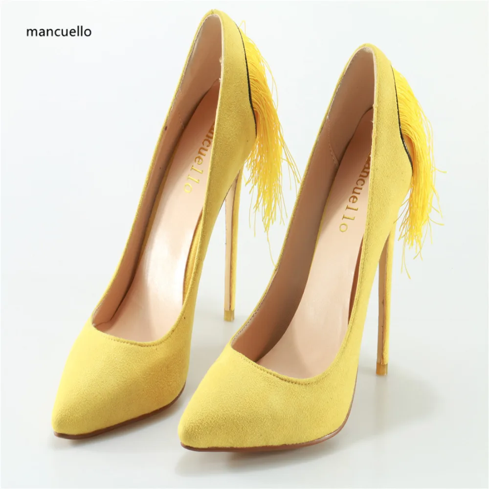 Mancuello/желтый кисточки высокая женская обувь на каблуках Туфли каблуке с бахромой