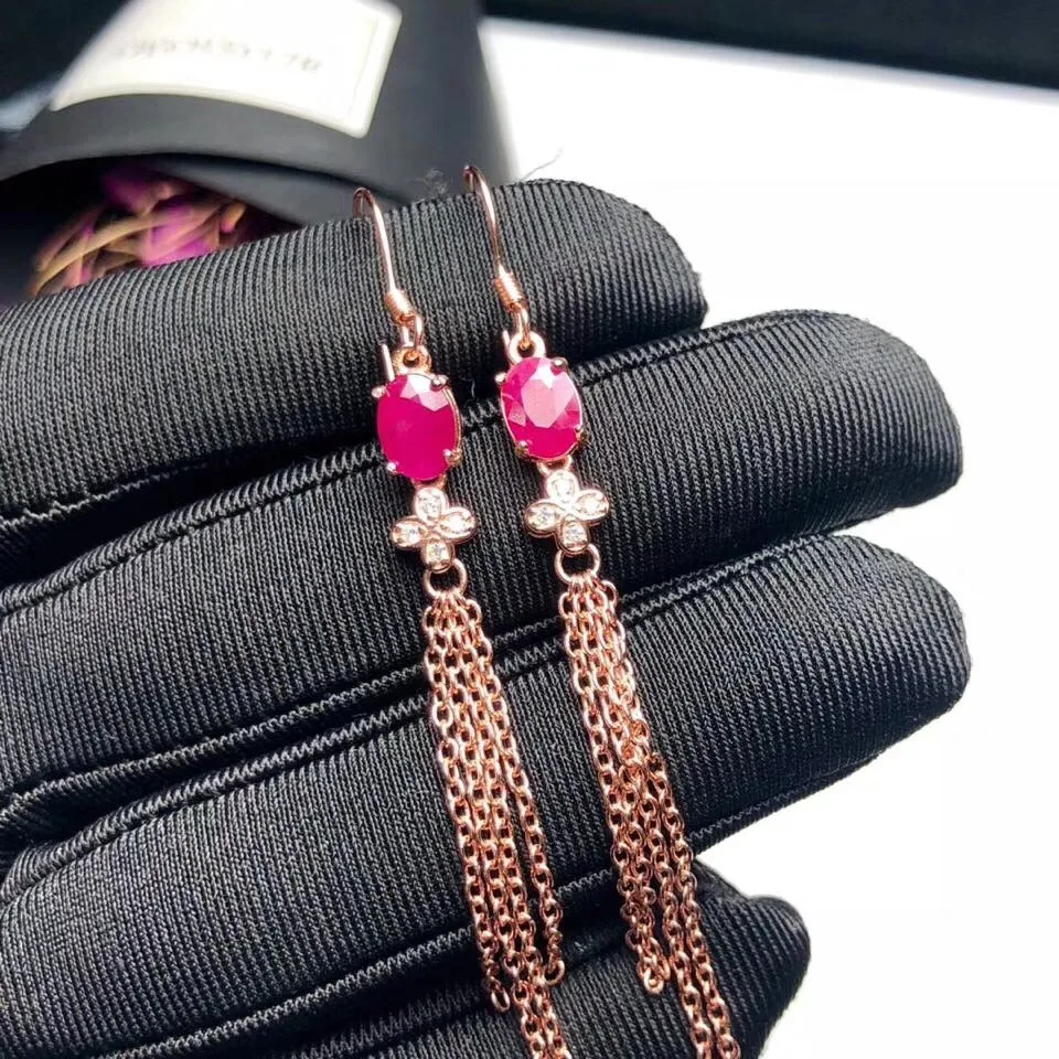 

Uloveido Verified Ruby Drop Tassel Earrings for Women, 925 Sterling Silver, 5*7mm Jewelry with Velvet Box Certificate FR132