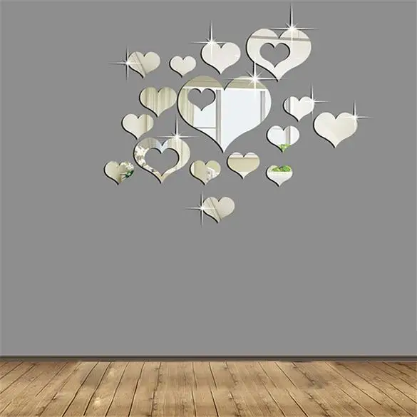 3D наклейки Горячие DIY 16 шт украшения зеркало пластиковые серебряные настенные сердца Мода