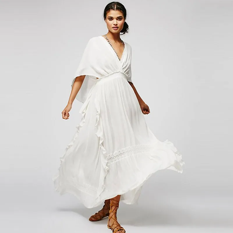 Богемное свободное платье макси с глубоким вырезом кружевной лоскутный стиль