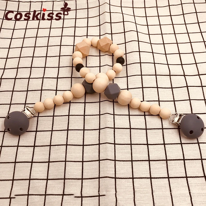 Clips de silicona y madera para chupete de beb&eacute;, cadena de chupete infantil, para ni&ntilde;os peque&ntilde;os juguetes para masticar, regalos para Baby Shower-2