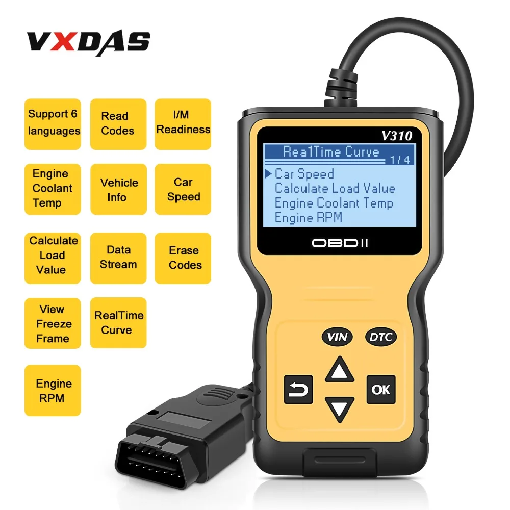 VXDAS V310 автомобильный считыватель кодов Авто AD310 OBD2 сканер V1.1 16pin мужской двигатель охлаждающей жидкости Temp Автомобильный датчик скорости OBDII диагностический инструмент