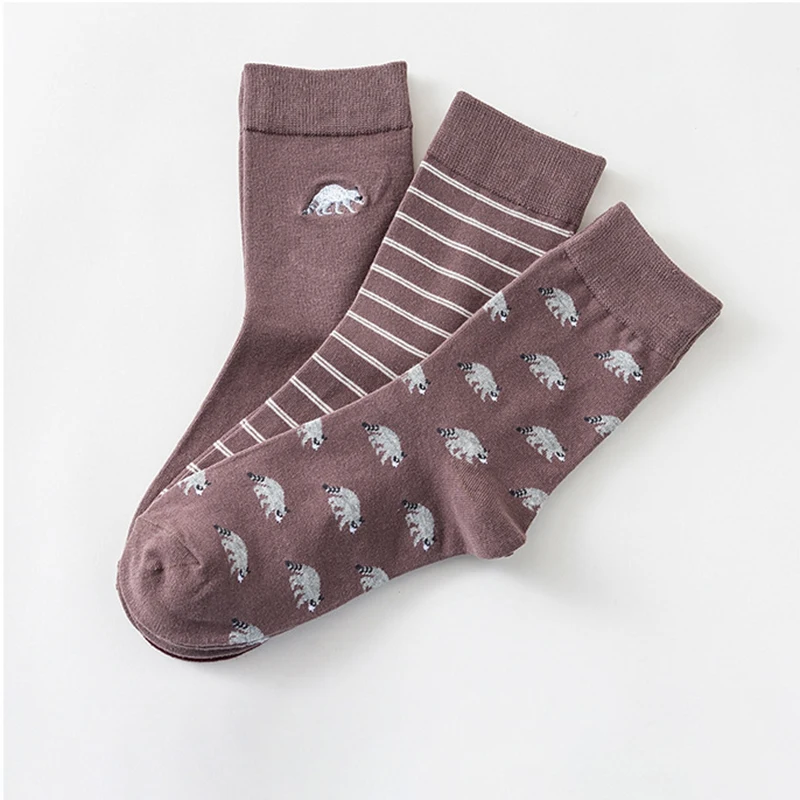 3 пары Модные полосатые хлопковые носки мужские длинные с вышивкой енота