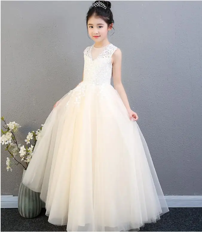 Elegant Champagne Tulle Flower Girl Dress For Weddings Lace Party Pageant Princess Gown Long Style Kids First Communion Dresses | Детская