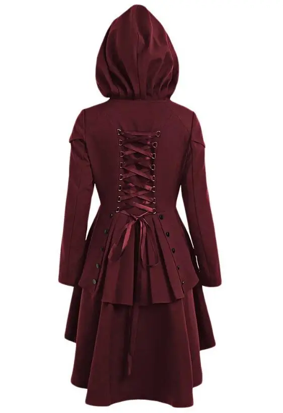wine red Винтажное Женское пальто с капюшоном в готическом стиле размера плюс, осенне-зимнее повседневное приталенное пальто, длинное пальто с оборками - Цвет: wine red