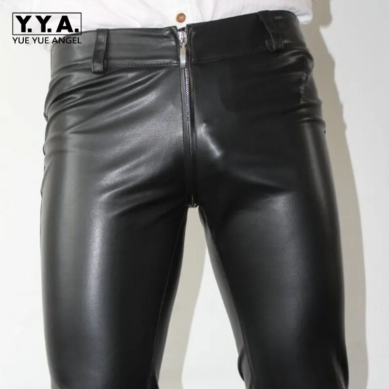 

New Sexy Zipper Designer Mens Skinny Pencil Pants Pu Leather Stretchy Man Long Trousers Punk Plus Size Motorcycle Biker Pants