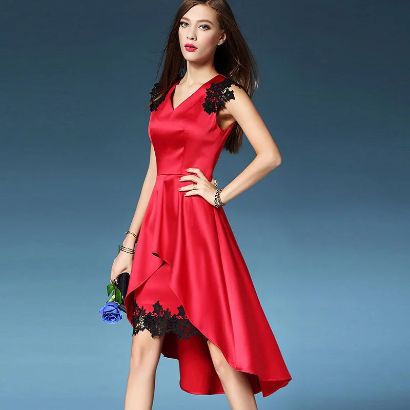 2017 New Fashion Party Dress Summer Women Wear Sleeveless Lace Stitching Evening Dresses V Neck | Свадьбы и торжества