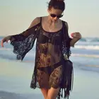 Женский купальный костюм, кружевное вязаное бикини, одежда для плавания, накидка, повседневное пляжное кружевное платье, вязаное крючком, женское свободное однотонное черное платье с рукавом летучая мышь