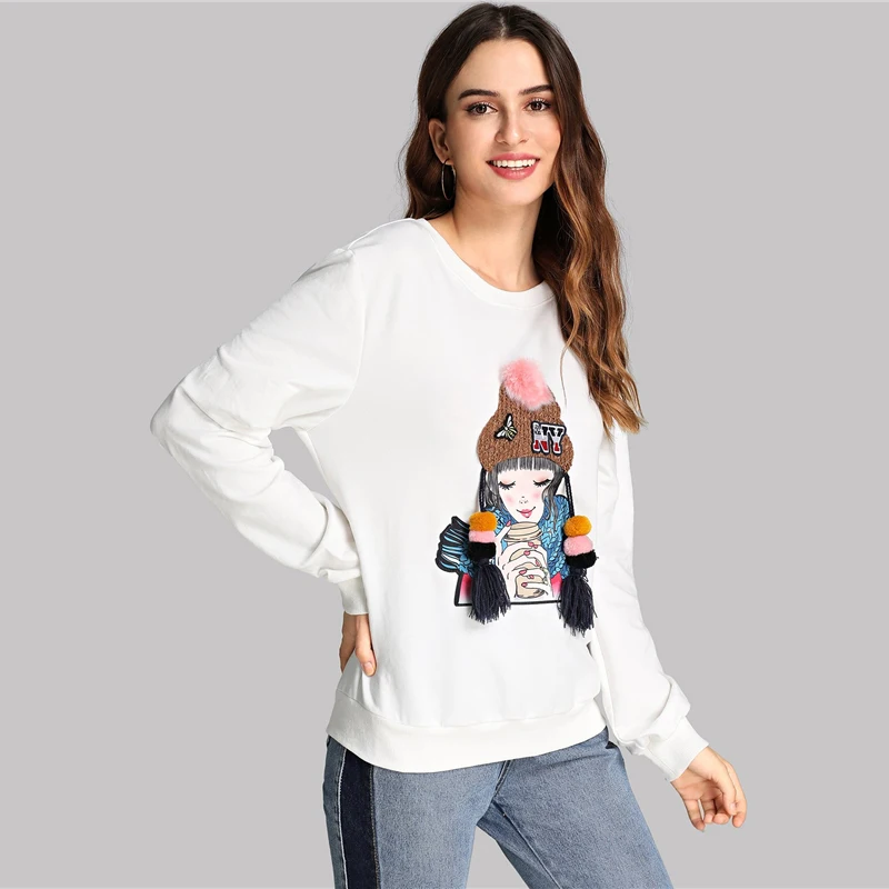 Dotfashion, белый пуловер с кисточками и рисунком, Повседневный пуловер из искусственного меха с помпонами, толстовки с длинными рукавами для женщин, осенний минималистичный Топ