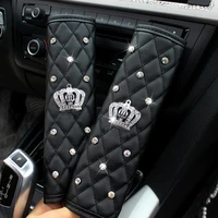 cdcotn car seat belt cover leather seat belt shoulder pad crown crystal rhinestones diamond shifter gear cover hand brake covers