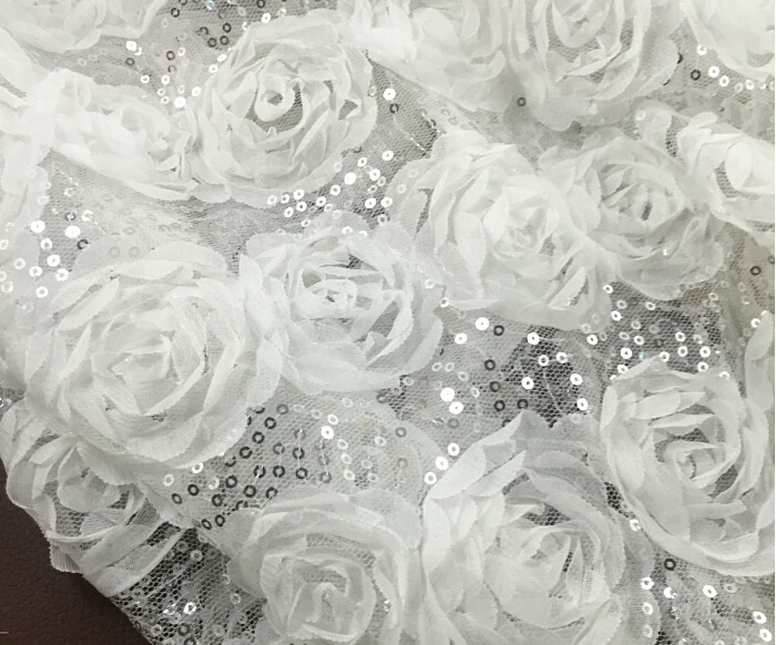 

1 meter 135cm 53.14" width ivory sequined 3D rose mesh embroidered fabric for dance wedding dress childrenwear MM215