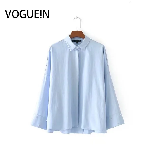 Женская блузка VOGUEIN светло-синяя с жемчугом длинным рукавом на кнопках Размер SML