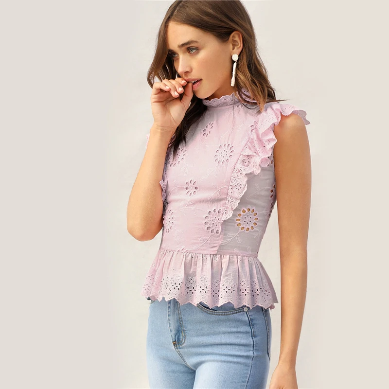 Dotfashion/розовые женские летние топы с рюшами, вышивкой и баской; коллекция года; летняя облегающая блузка без рукавов в Корейском стиле