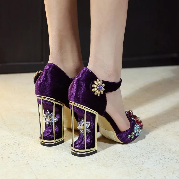 

Palace Retro Hand Embroidered Crystal Shoe Mary Jane Shoe High Heels Diamond Thick Bird Cage Heel Leather Sandals Big Size 42 43