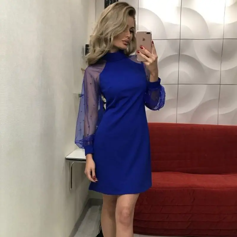 Синий SEXMKL элегантное женское платье весна осень жемчуг бисер сетка рукав повседневные розовые платья сексуальное с длинным рукавом Мини платье для вечеринки - Цвет: Синий