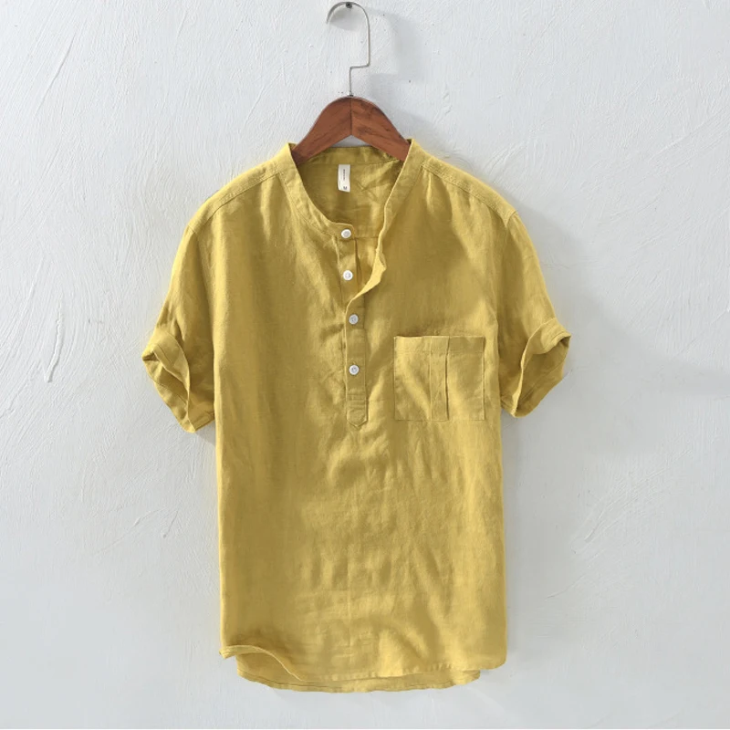 100% льняные мужские рубашки летние с коротким рукавом повседневные