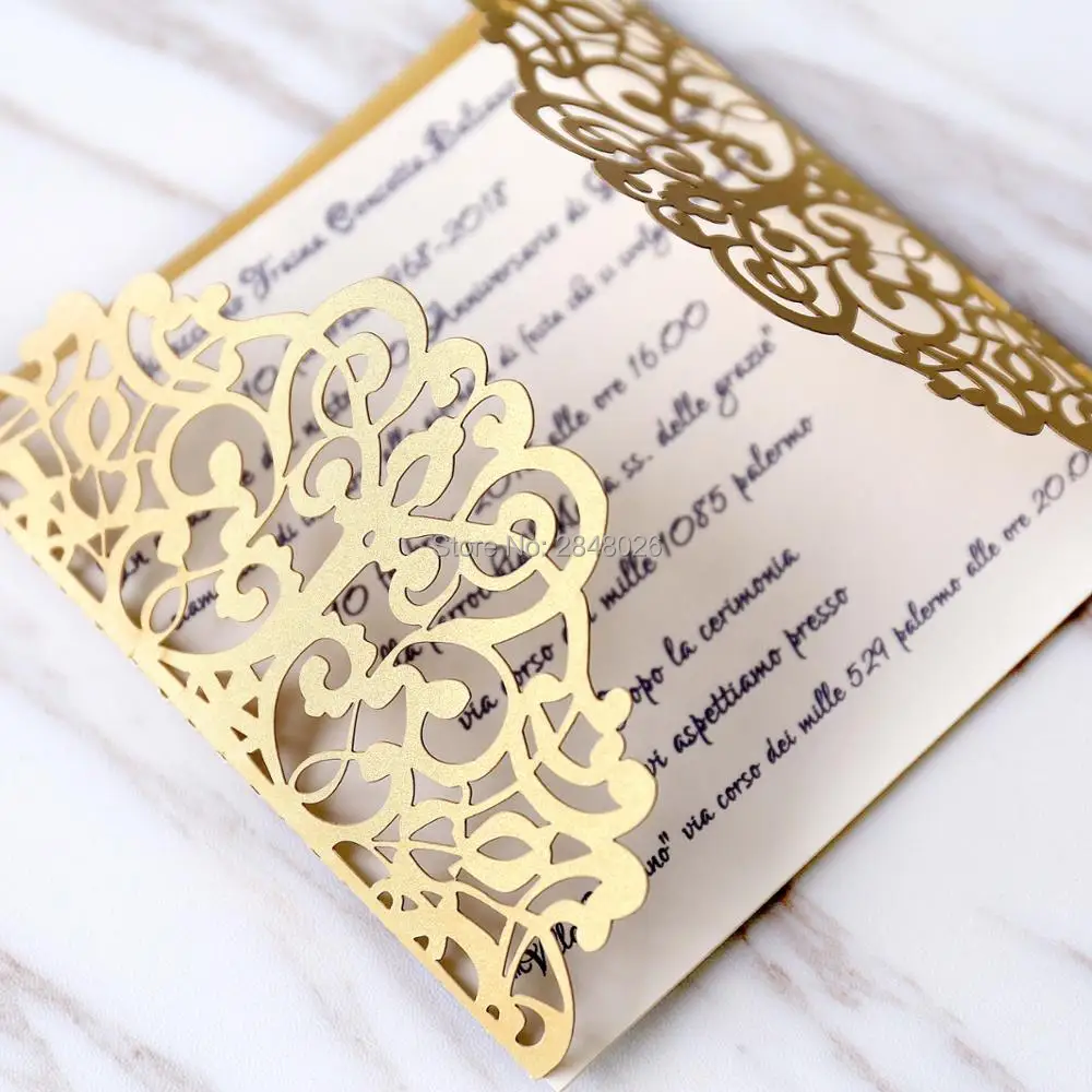 Personalized Initials 50pcs Gold Gatefold Wedding Invitation laser cut custom invitations personalized greeting card | Дом и сад