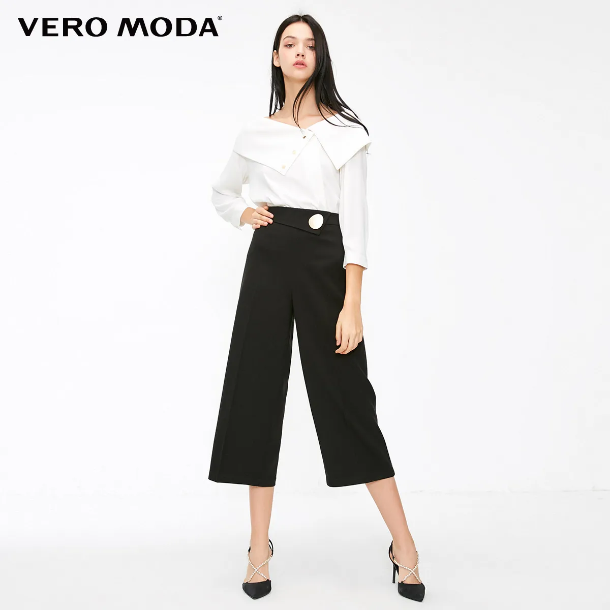 Vero Moda новые женские свободные декоративные пуговицы широкие брюки Капри | 31836J521 - Цвет: Black
